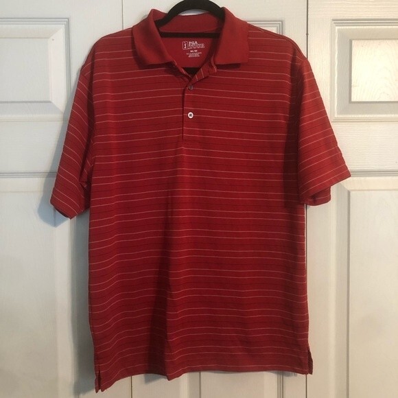 PGA TOUR Medium Red White Black Stripe Polo Shirt Men's Golf Collared Textured - Picture 1 of 5